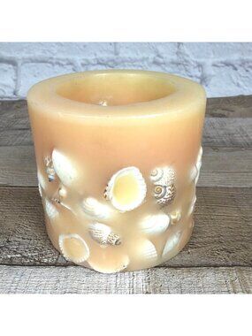VTG Sea Shell Peach White Lantern Pillar Candle Florida Beach Nautical Coastal